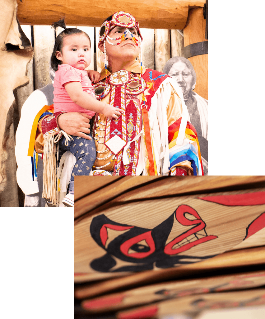 A collage of two photos. The first shows a Native person in full regalia looking beyond the camera. On his hip is a young Native child in jeans and a pink t-shirt. The second shows a close-up of oars with Native designs on them.