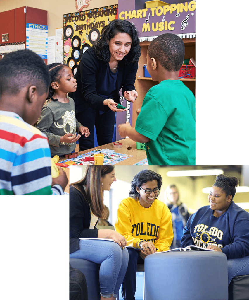 A collage of two images. The first shows three children gather around a teacher in a classroom setting. The second shows three college students sitting together and laughing. Two of them are wearing University of Toledo sweatshirts.