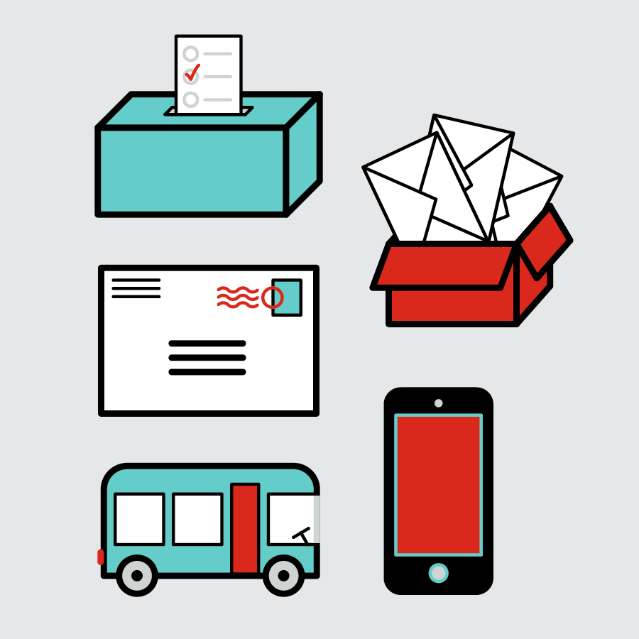 Four icons: a ballot box with a ballot sticking out, an envelope for ballot by mail, a box full of ballots, a bus, and a smart phone
