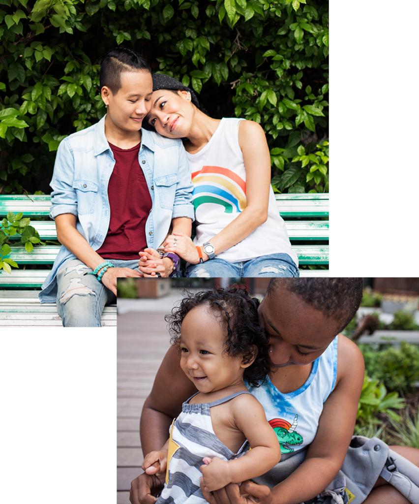 A collage of two photos. The first shows two queer women of color sitting on a bench, holding hands. One, who is wearing tank top with a rainbow on it leans against the other, who is wearing a red t-shirt and denim overshirt. The second shows a black parent and child holding hands.