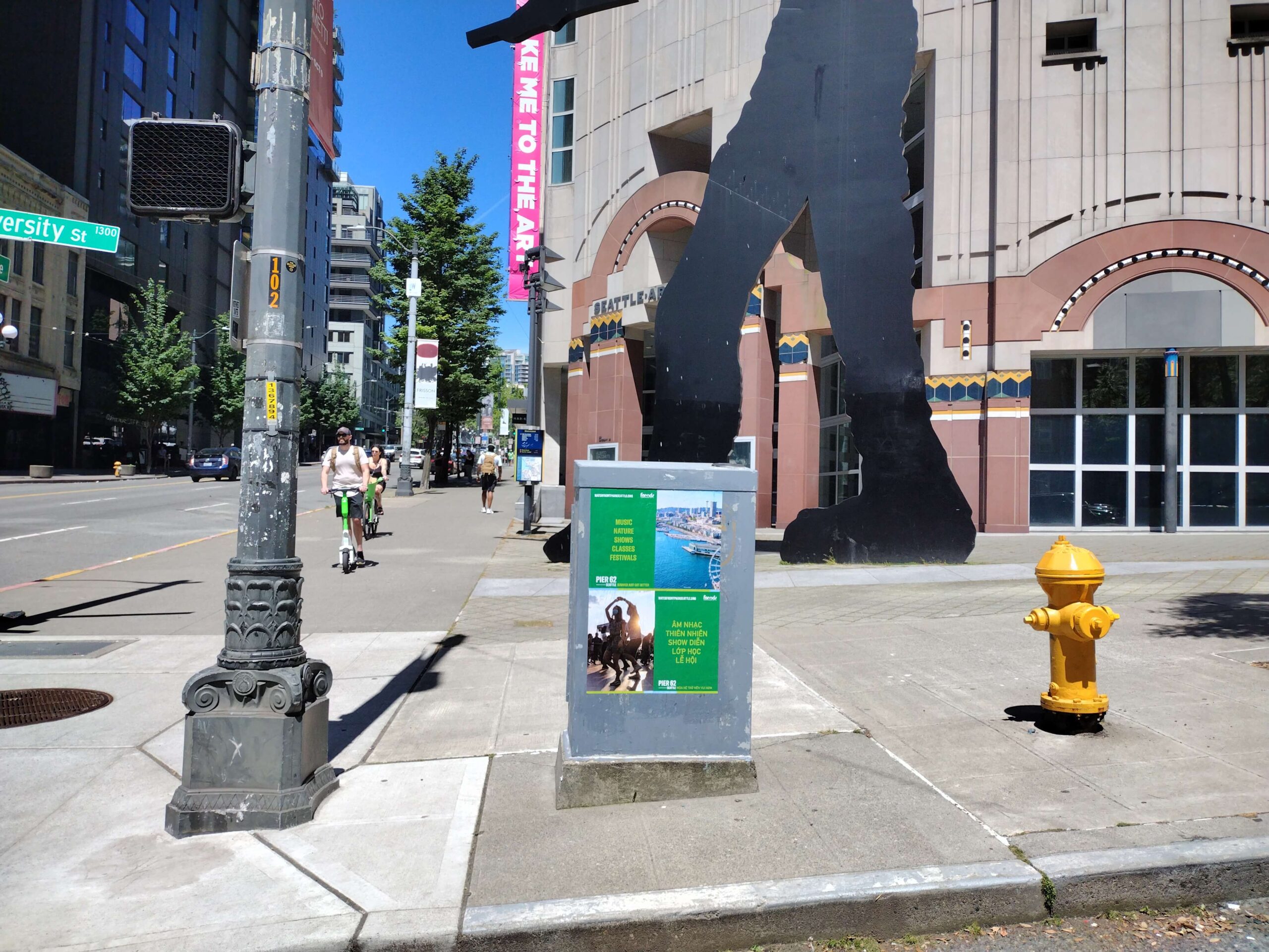 Friends Of The Waterfront posters in front of the Seattle Art Museum