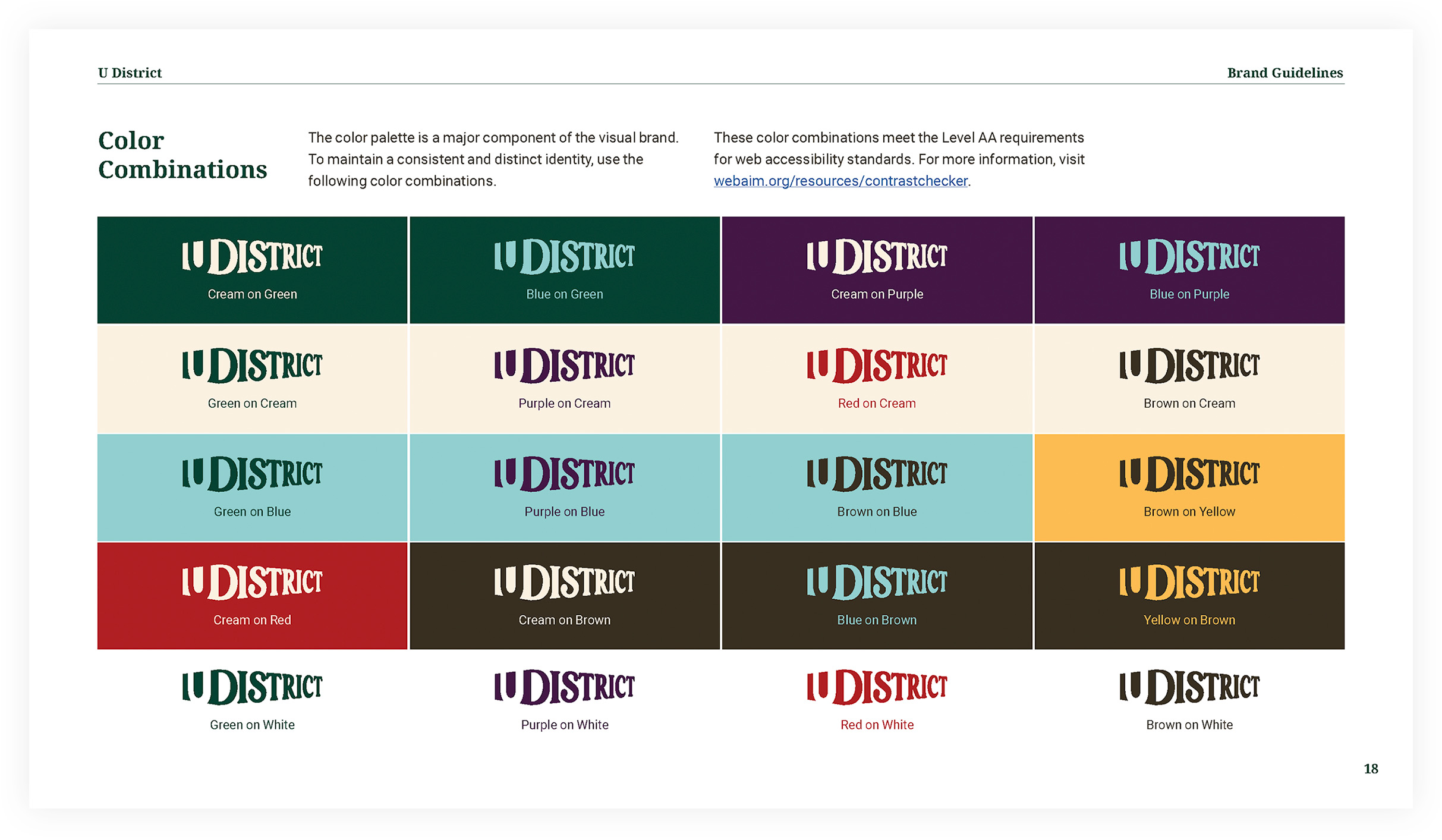 U District accessible colors page in brand guidelines