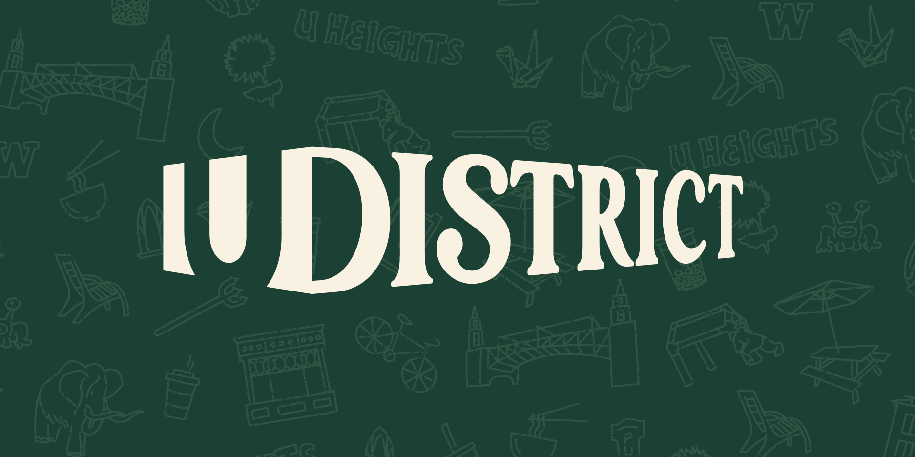 U District logo on green background with icons that represent places in the U Distrct