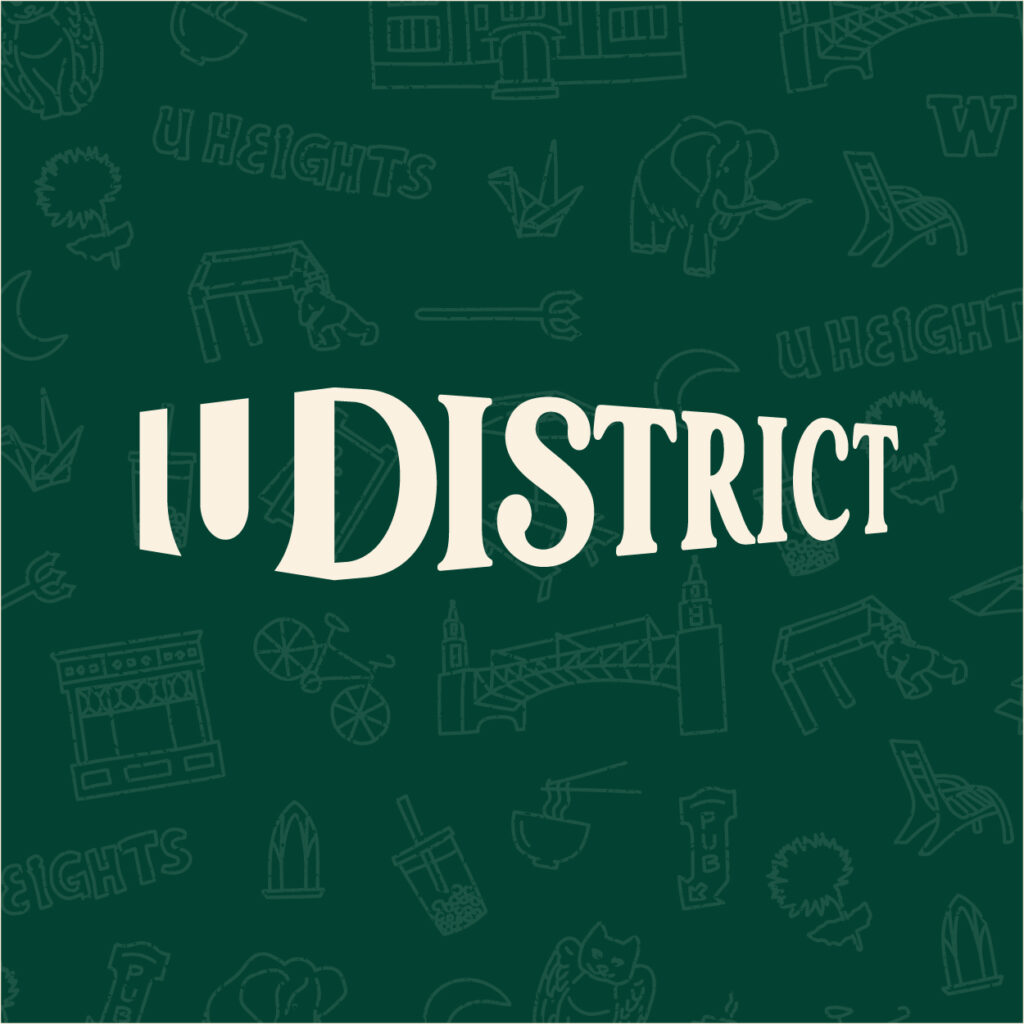 U District logo on green background with icons that represent places in the U Distrct