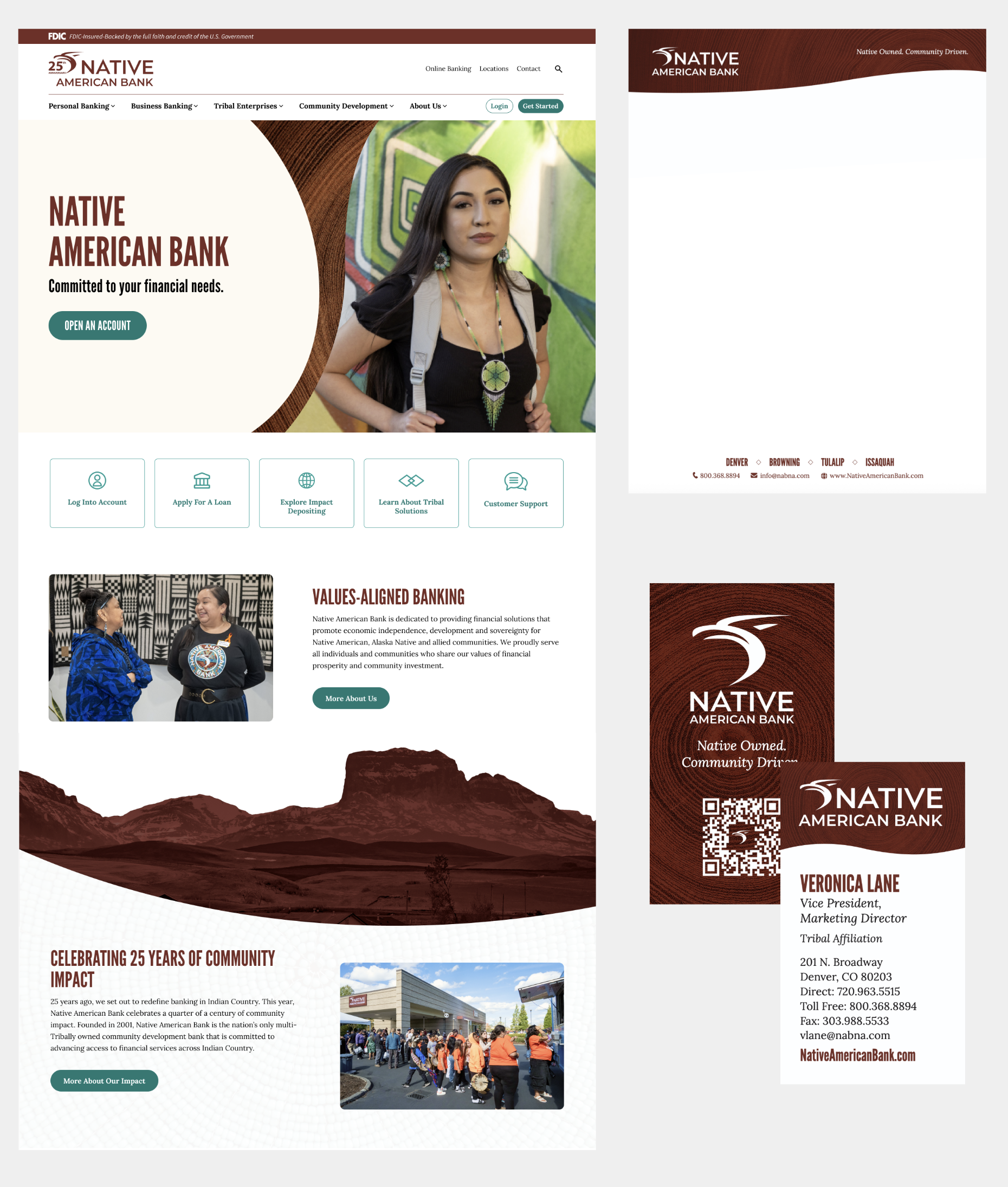 Photos of Native American Bank's new website, business cards, and letterhead